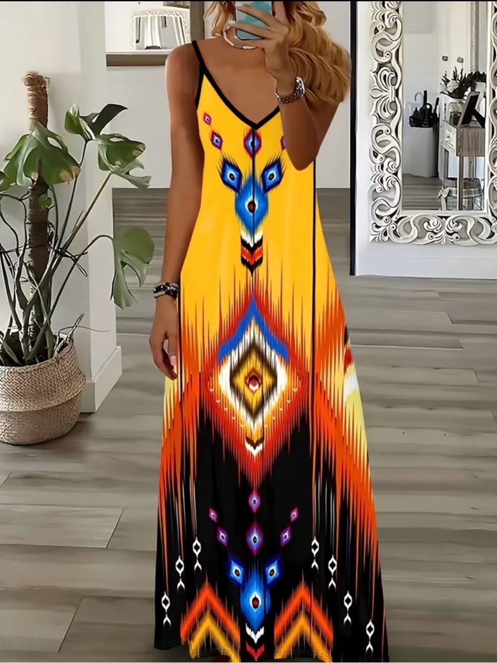 Yellow Tribal Print Maxi Dress with V-Neck